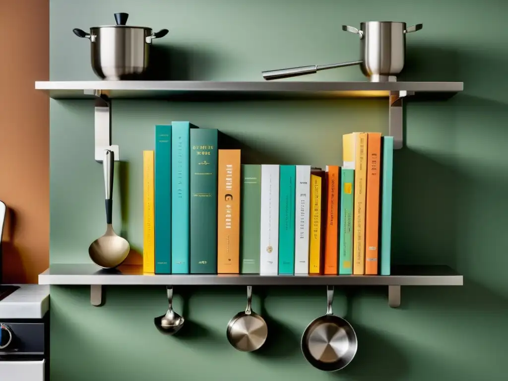 Estantería minimalista con utensilios de cocina y libros clásicos