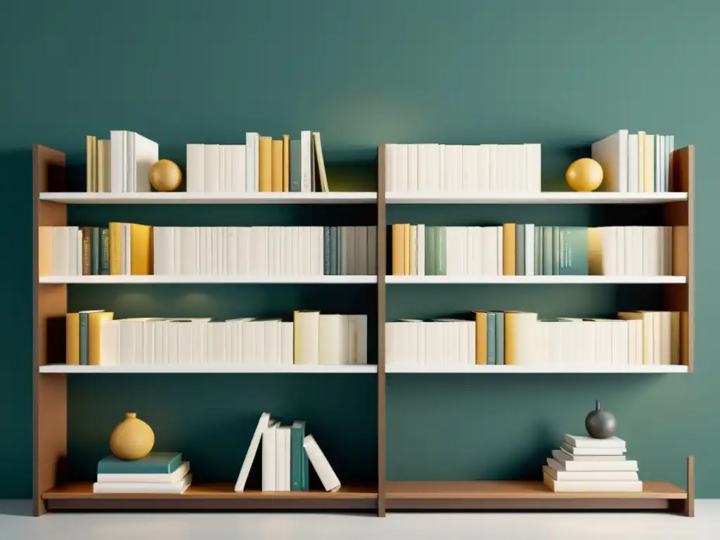 Una estantería minimalista con una variedad de libros organizados de forma impecable, mostrando diferentes géneros y autores