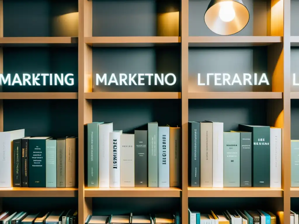 Una estantería moderna con libros organizados, destacando 'Marketing Literario