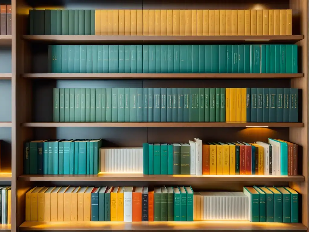 Una estantería moderna y minimalista con libros organizados por color, iluminación cálida y sombras suaves