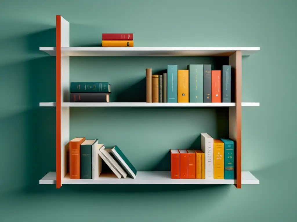 Estantería minimalista con libros organizados por color Una estantería moderna y minimalista exhibiendo técnicas de marketing literario exitosas con libros organizados por color
