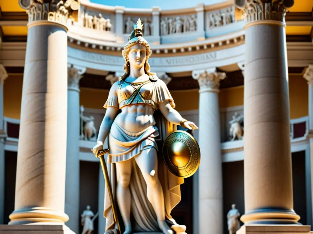 Estatua majestuosa de Minerva en un templo romano, simbolizando la propaganda y mitología en la Eneida con su poderosa presencia y sabiduría