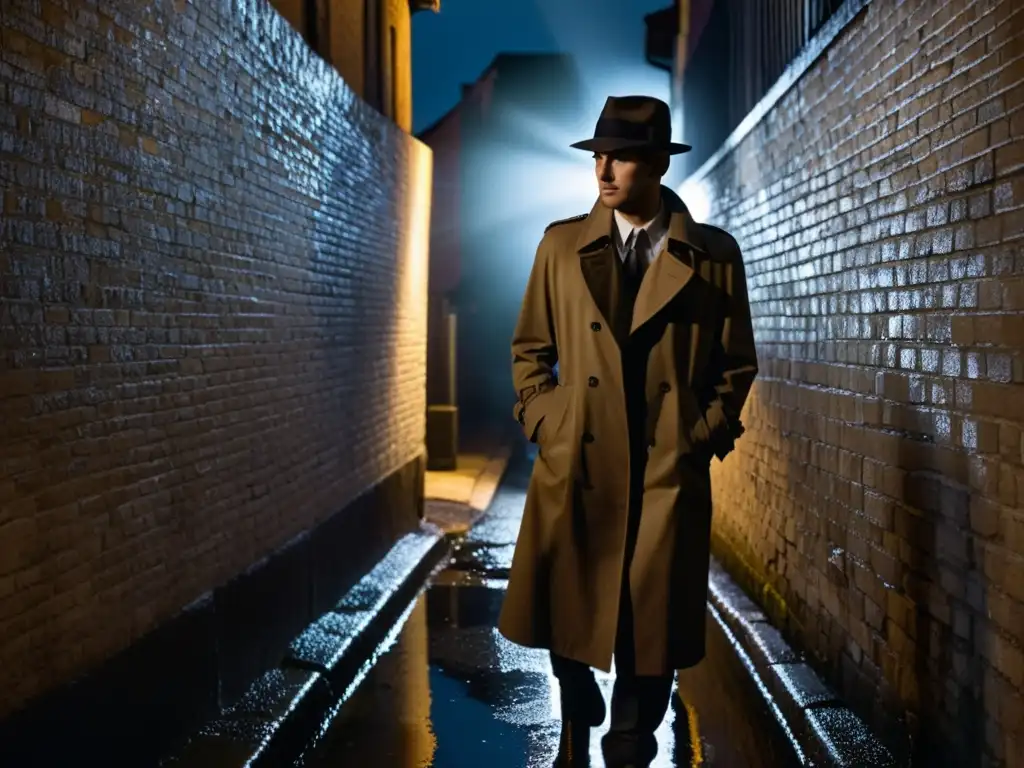 Alleyway misterioso bajo la luz nocturna En una estrecha callejuela iluminada, un misterioso personaje con gabardina y sombrero se recuesta en la pared