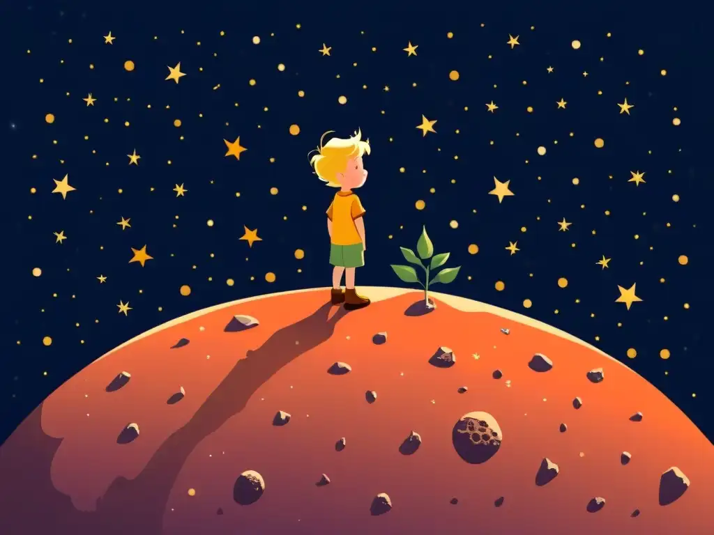 El Príncipe contempla las estrellas en su asteroide, con la rosa y los baobabs