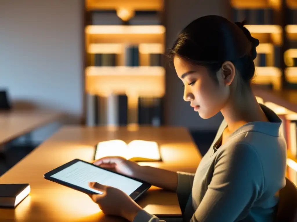 Estudiante absorto en un ebook, rodeado de una cálida luz