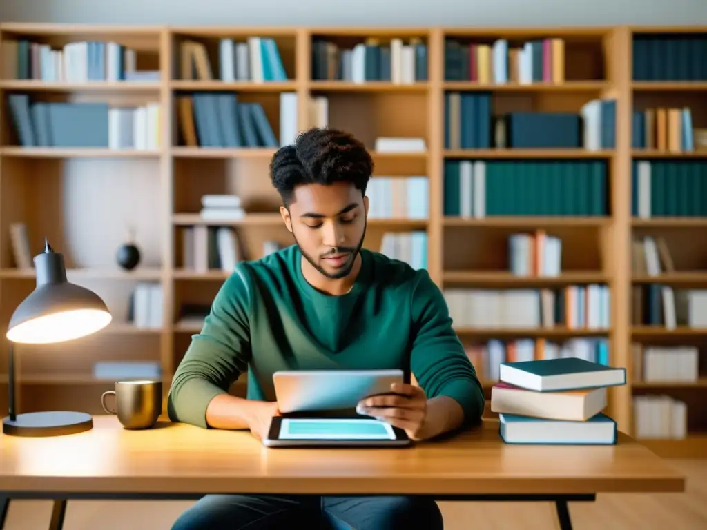 Estudiante concentrado usando aplicaciones resúmenes literarios estudios complementar en moderno espacio de estudio organizado