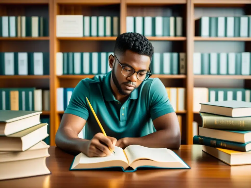 Un estudiante utiliza diccionarios temáticos y enciclopedias para estudiar en un ambiente tranquilo y enfocado, rodeado de libros detallados