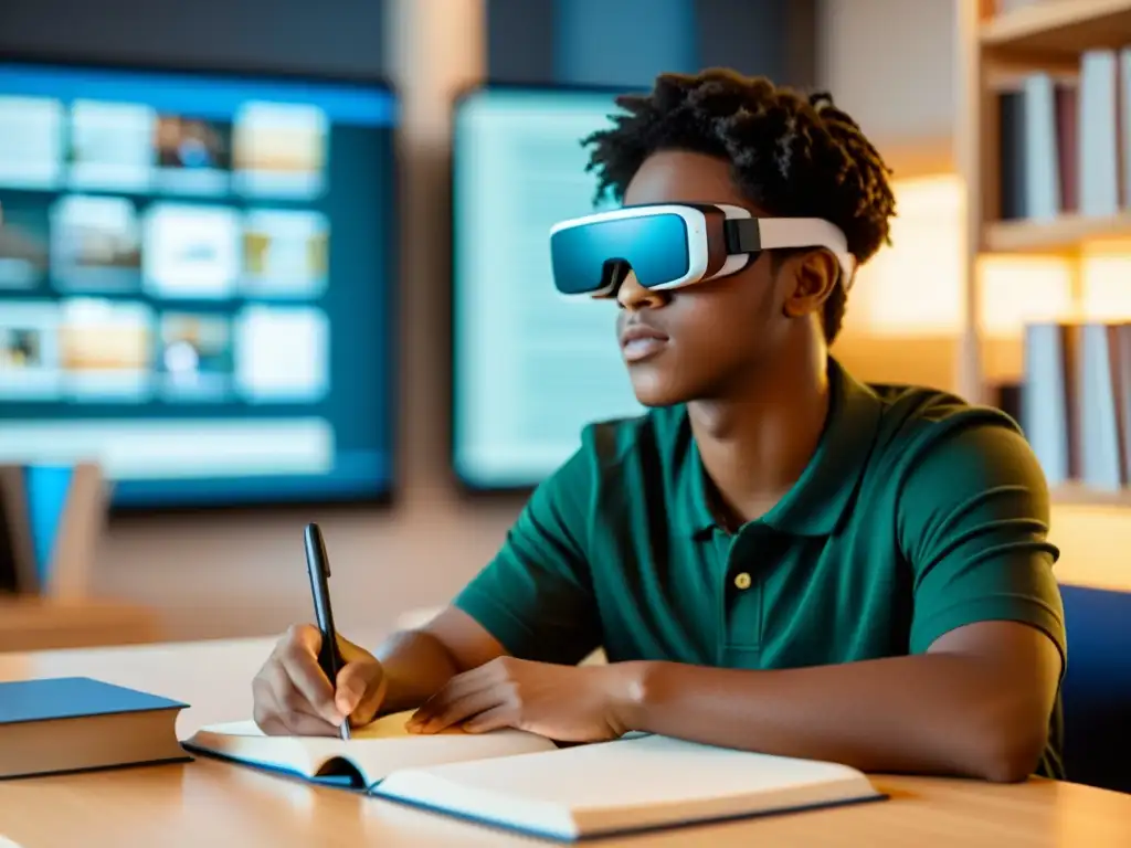 Estudiante usando gafas de realidad aumentada rodeado de libros y pantallas digitales