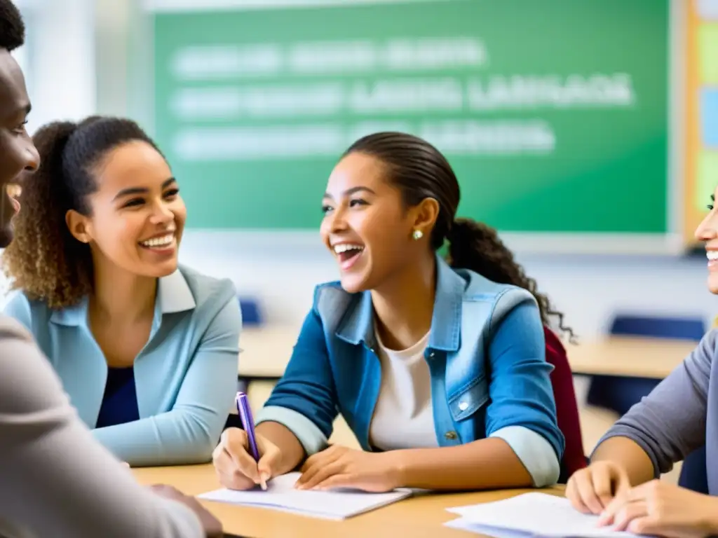 Estudiantes animados en clase de idiomas, fomentando la enseñanza de segundas lenguas sociolingüística