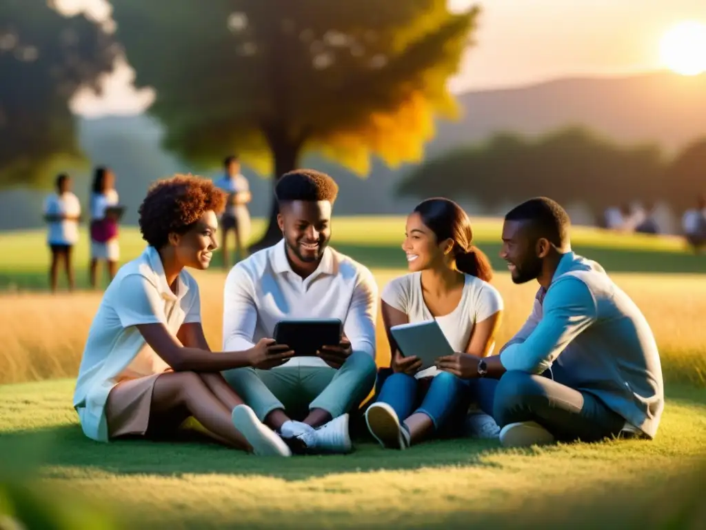 Estudiantes diversos disfrutan de ebooks al atardecer, mostrando el impacto y beneficios de la educación digital