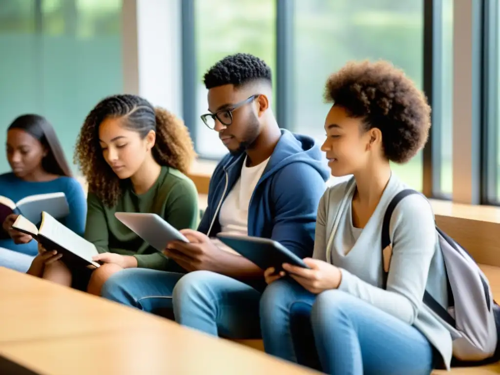 Estudiantes diversos disfrutan de ebooks en aula minimalista, creando un ambiente acogedor y de inclusión