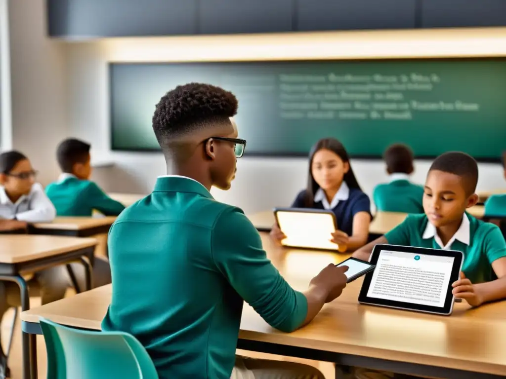 Estudiantes usando tablets en aula moderna, destacando el impacto y beneficios de ebooks en educación