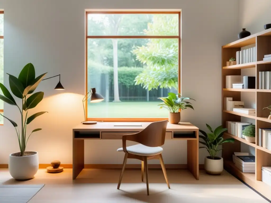 Un estudio de escritura luminoso y sereno con un escritorio de madera, plantas y arte