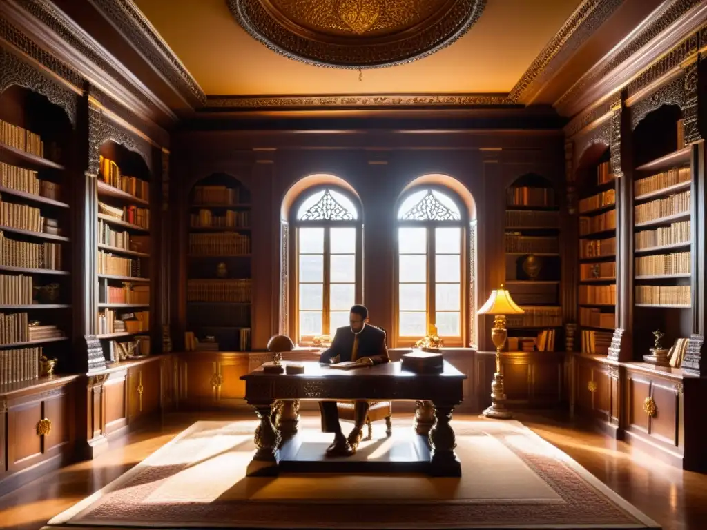 Estudio iluminado del siglo XVIII con libros encuadernados en cuero, muebles lujosos y un erudito leyendo a la luz de una vela