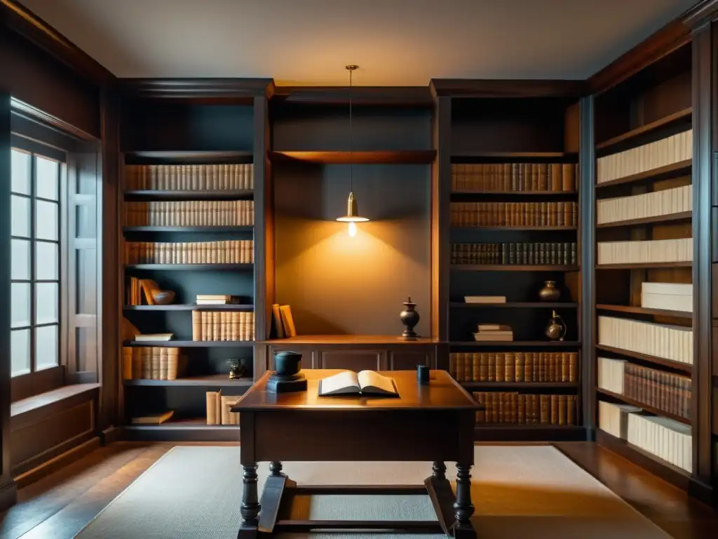 Estudio minimalista con estanterías de madera antigua llenas de libros encuadernados en cuero, un escritorio de madera con pluma y tintero, y una luz natural iluminando la habitación