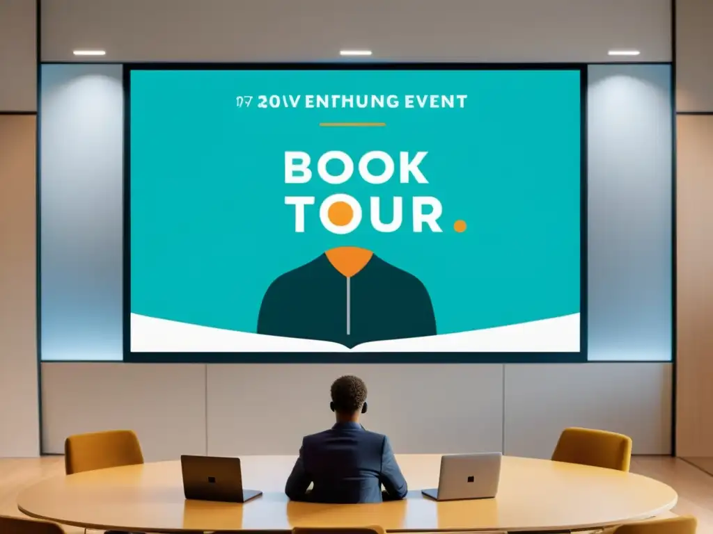 Un evento de booktours virtuales estrategia marketing pandemia: autor interactuando con la audiencia en un entorno virtual moderno y profesional