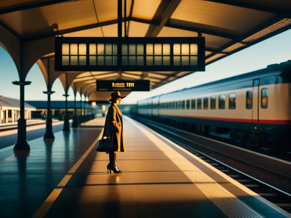 Un evocador y nostálgico escenario de estación de tren en penumbra, con un tren vintage acercándose