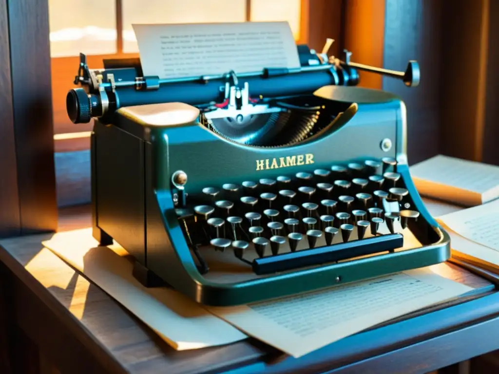 Una evocadora imagen de una antigua máquina de escribir en un escritorio, bañada por luz natural, rodeada de notas manuscritas