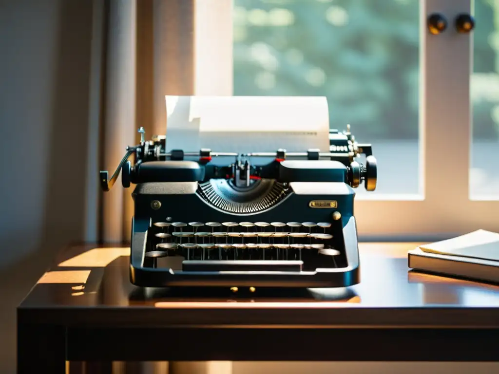 Una evocadora imagen de una antigua máquina de escribir vintage en un elegante escritorio moderno, iluminada por luz natural