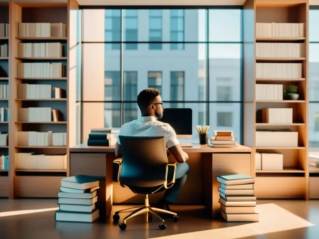 Un exitoso autor se sienta en su elegante escritorio, rodeado de libros, escribiendo en su computadora portátil, con luz natural