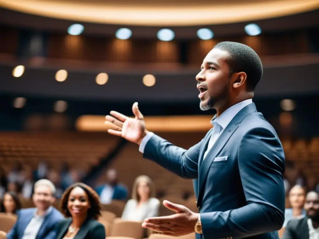 Un experto habla con confianza y credibilidad frente a una audiencia diversa en un auditorio moderno, transmitiendo análisis construcción ethos