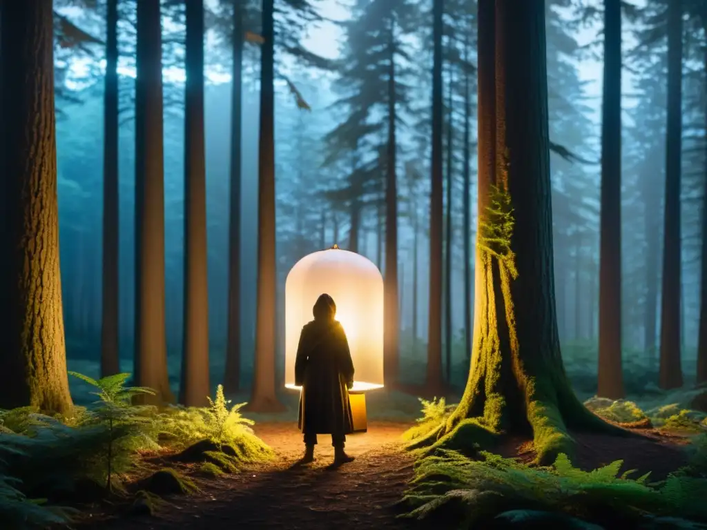 Un explorador moderno se para en el umbral de un bosque misterioso, iluminado por una linterna, adaptando estructuras míticas narrativa moderna
