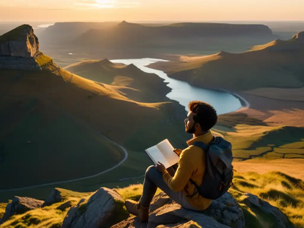 Un explorador contempla un paisaje agreste al atardecer, con una libreta y pluma, evocando la literatura de viajes y la exploración