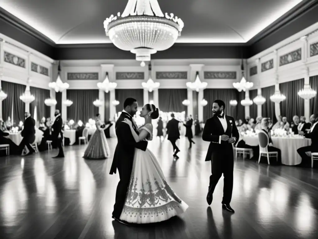 Una exquisita ilustración en blanco y negro de un salón de baile renacentista, con parejas bailando con trajes elaborados y músicos tocando al fondo