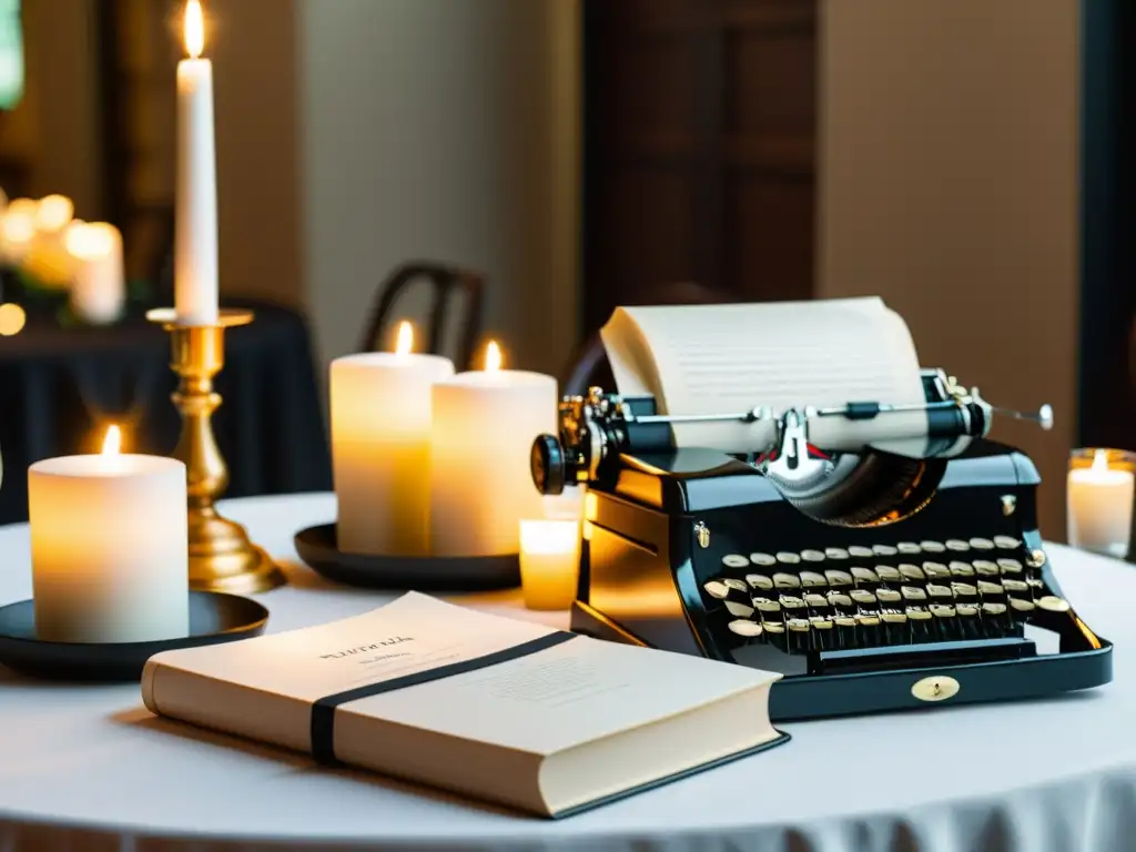 Exquisita decoración de eventos temáticos literarios: mesa elegante con libros, máquina de escribir y plumas, en tonos blanco y negro