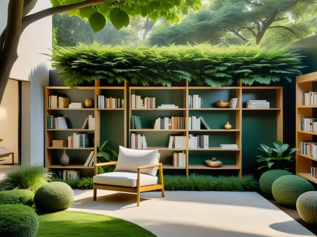 Decoración exterior inspirada en la literatura: Biblioteca al aire libre en un jardín sereno, armonía y tranquilidad