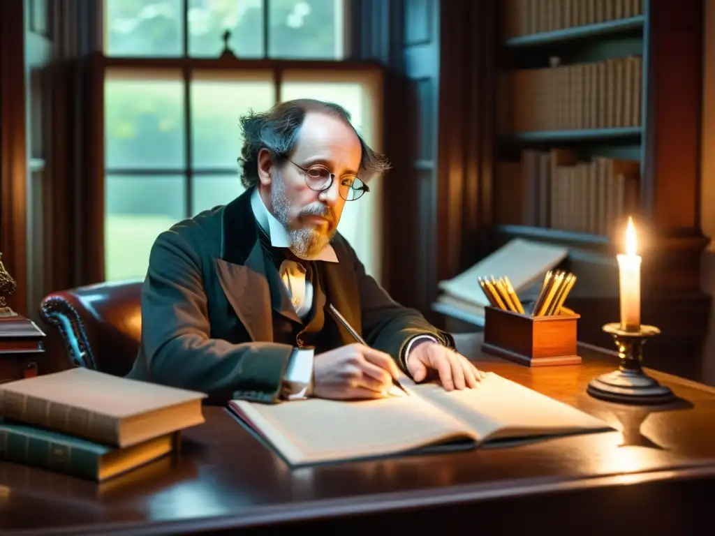 El famoso autor Charles Dickens se sienta en su escritorio, rodeado de papeles y plumas, trabajando en su manuscrito