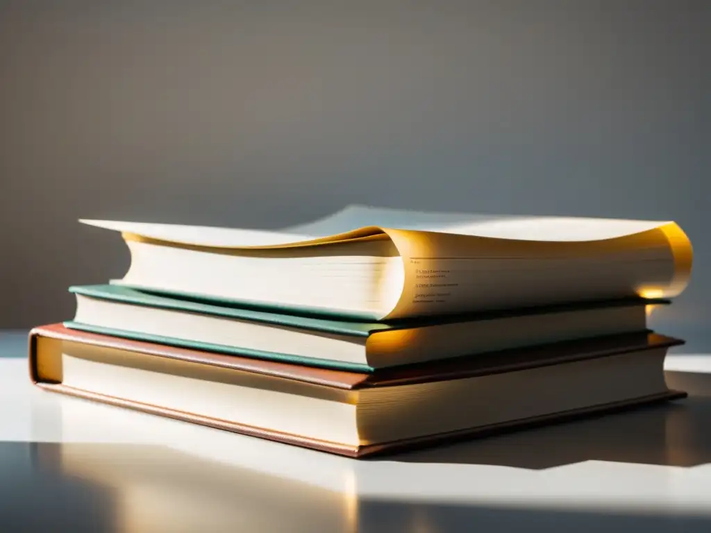 Un fascinante montón de manuscritos en un escritorio blanco, iluminado por un suave haz de luz