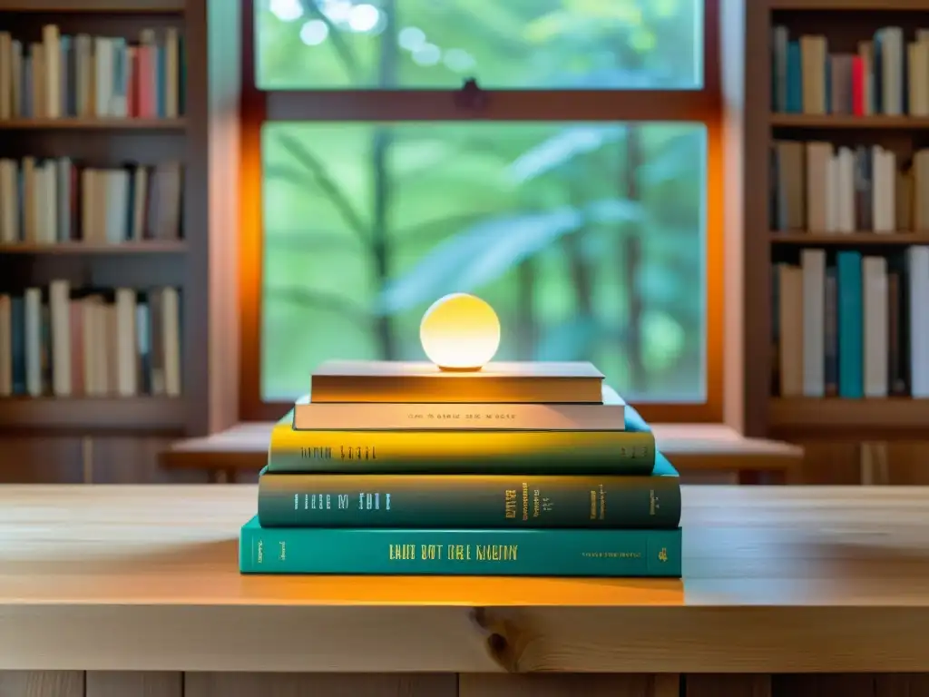 Un festín de libros de distintos géneros sobre una mesa de madera, bañados por la cálida luz natural