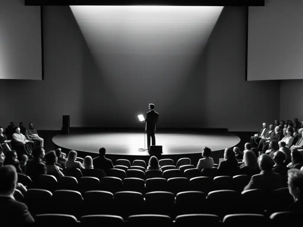 En el Festival de Autores de Toronto, un autor solitario lee su libro en un auditorio lleno, enfocado por un haz de luz