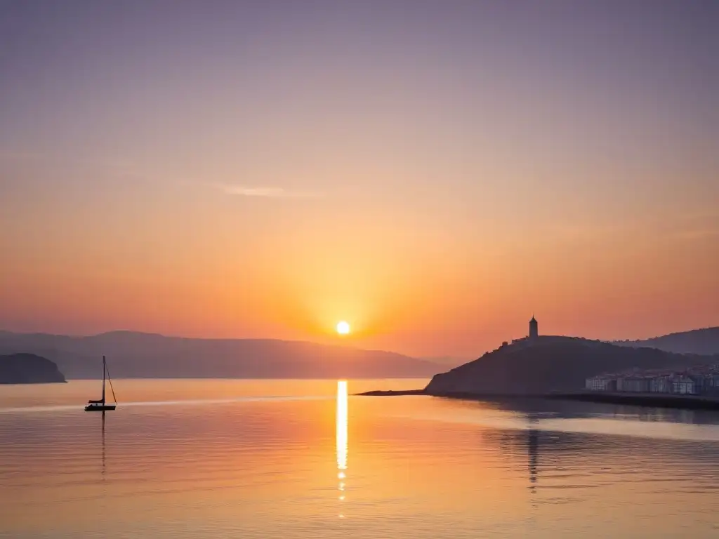 Festival Internacional de Literatura Bilbao: Atardecer dorado sobre la costa, aguas tranquilas y veleros en silueta, cielo pastel