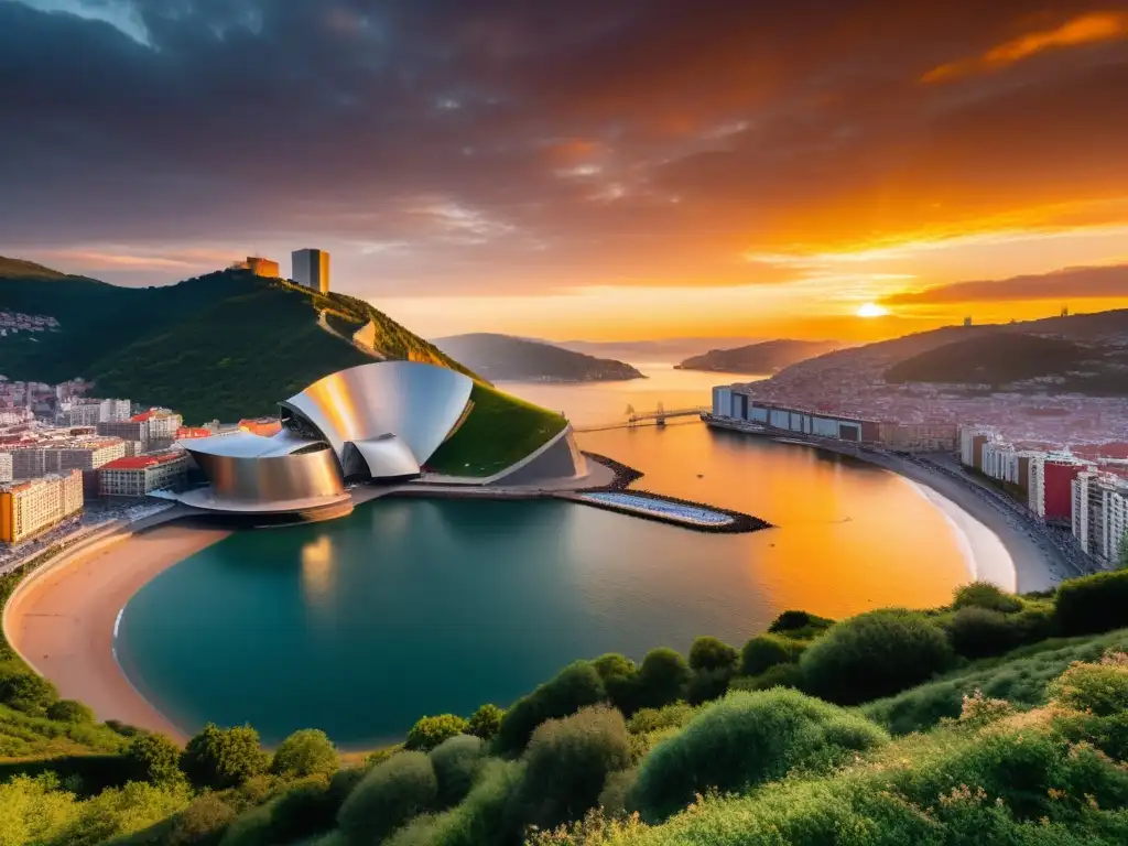 Festival Internacional de Literatura Bilbao: Atardecer en la costa de Bilbao con el Guggenheim al fondo, reflejado en el tranquilo mar