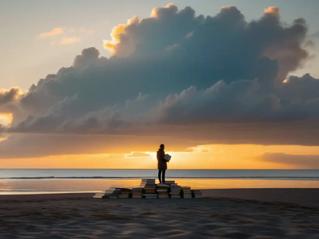 Figura contemplativa de pie en la tranquila costa brumosa al amanecer, sosteniendo una pila de libros, frente al mar, con una luz matutina suave