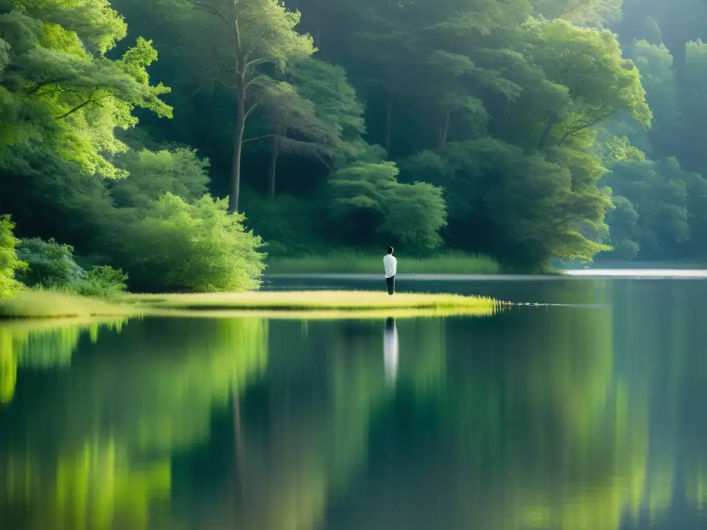 Una figura en contemplación frente al lago en Walden, evocando la búsqueda del sentido de la vida