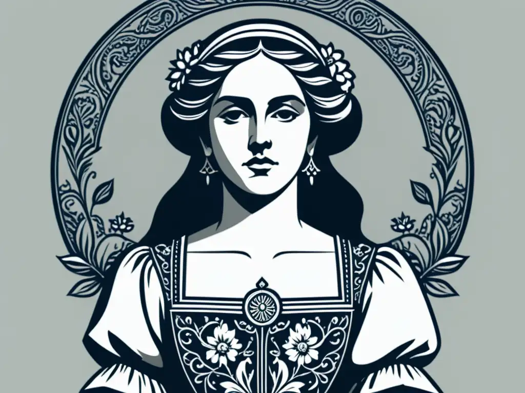 Lucrecia, figura histórica del Renacimiento, en un dibujo minimalista en blanco y negro, rodeada de motivos florales y arquitectónicos