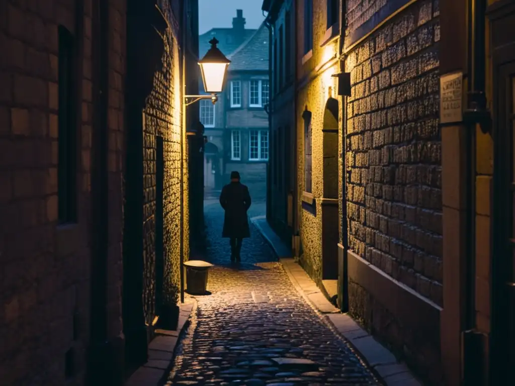 Figura misteriosa en callejón oscuro, evocando técnicas literarias thrillers misterios