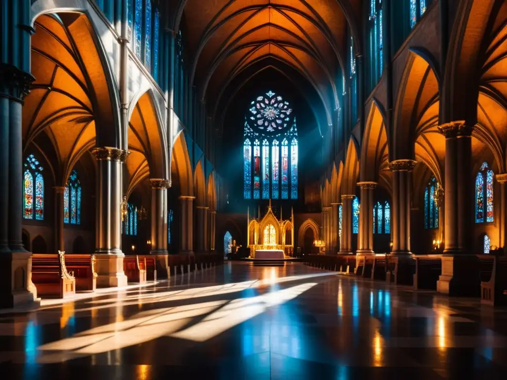 Figura misteriosa en la oscura catedral gótica, evocando el significado simbolismo literatura gótica