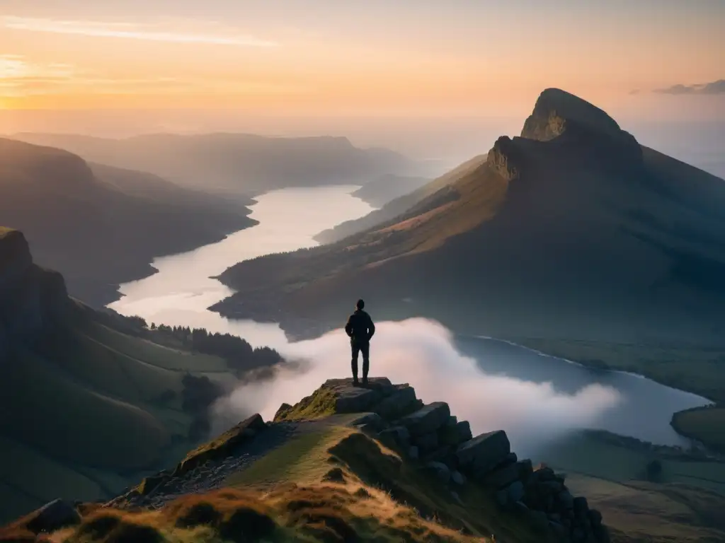 Figura solitaria en acantilado rocoso, contemplando montañas neblinosas al atardecer, ideal para identificar y analizar metáforas literarias