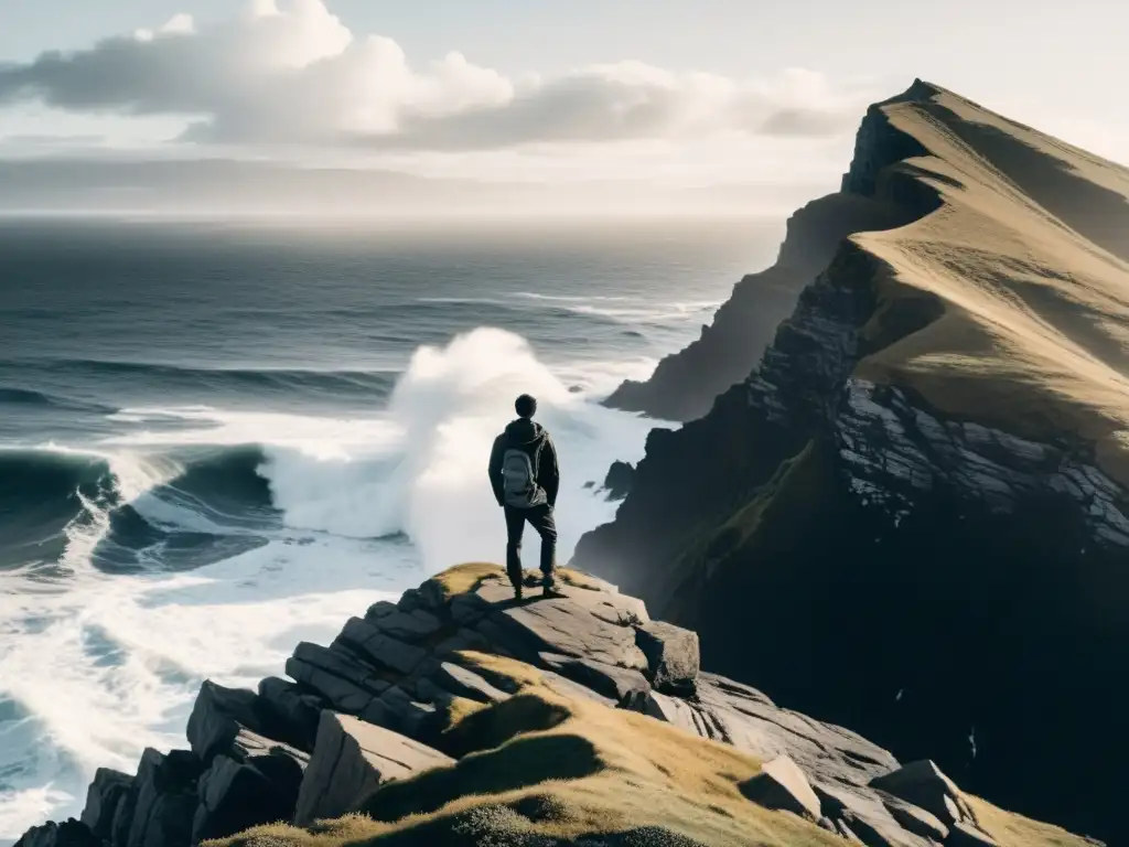 Figura solitaria en acantilado, rodeada de viento y olas