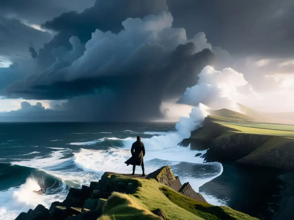 Una figura solitaria en el borde de un acantilado, mirando un vasto y turbulento océano bajo un cielo lleno de nubes de tormenta