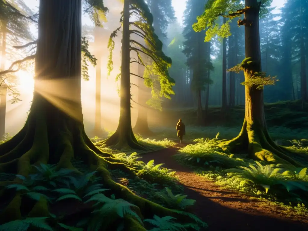 Figura solitaria al borde de un antiguo bosque, la luz dorada del amanecer se filtra a través de la frondosa vegetación