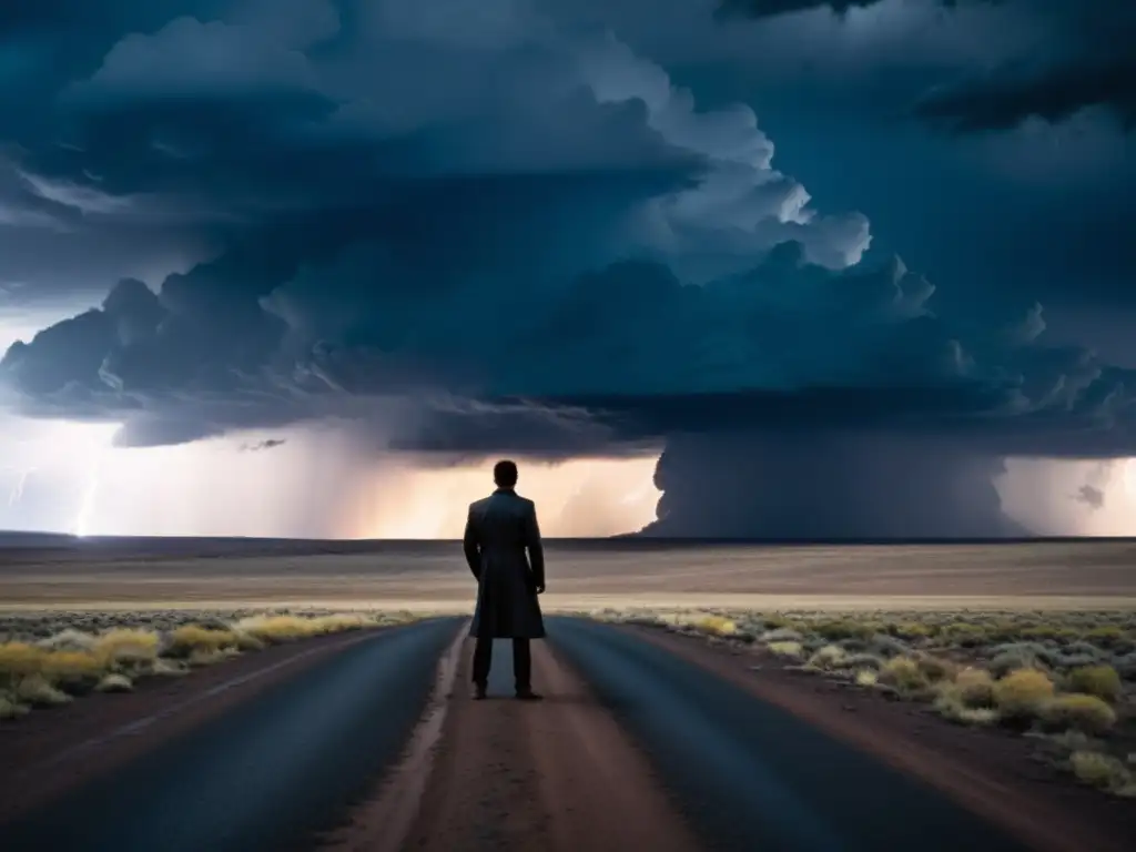 Figura solitaria al borde de un paisaje estéril con tormenta acercándose, simbolizando la importancia del conflicto en narrativa