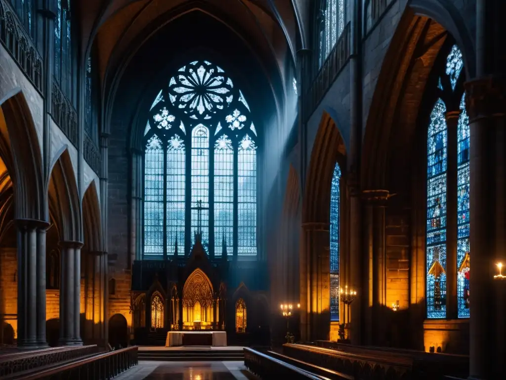 Figura solitaria en catedral gótica iluminada por la luna