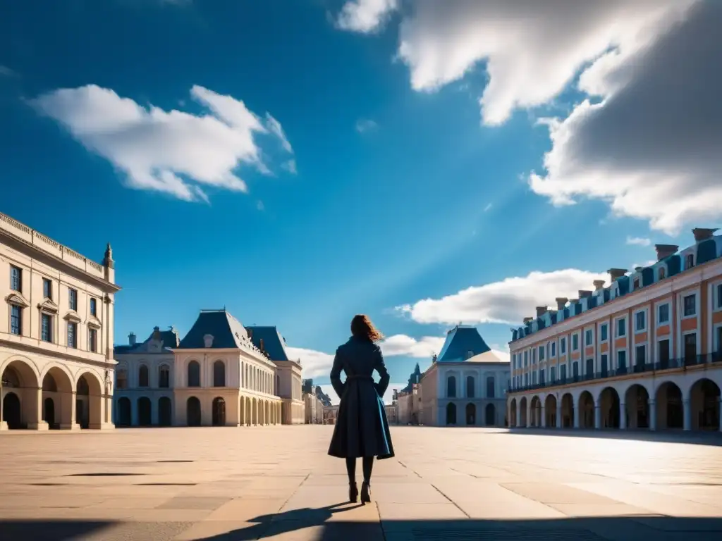 Una figura solitaria contempla el cielo en una ciudad vacía