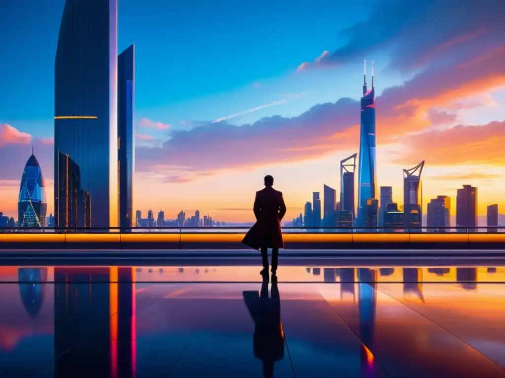 Una figura solitaria contempla la ciudad futurista, adaptando estructuras míticas a la narrativa moderna