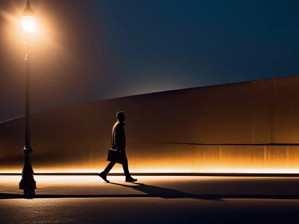 Figura solitaria camina por la ciudad, iluminada por tenues luces de farolas